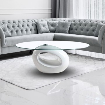 Couchtisch mit ovaler Glasplatte und weißem Hochglanzgestell 115x65x40 Miranda