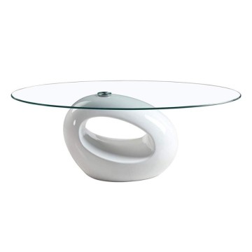 Couchtisch mit ovaler Glasplatte und weißem Hochglanzgestell 115x65x40 Miranda