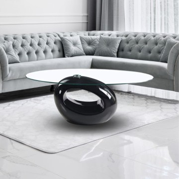 Couchtisch mit ovaler Glasplatte und glänzendem schwarzem Rahmen 115x65x40 Miranda
