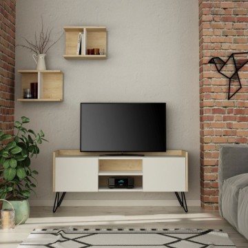 TV-Ständer weiß und Eichengestell mit 2 Türen Klappe 125,5x33x56,5