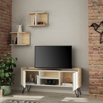 TV-Ständer weiß und Eichengestell mit 2 Türen Klappe 125,5x33x56,5