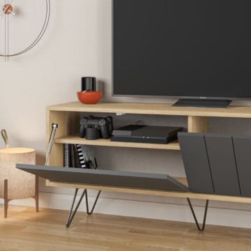 Anthrazitfarbener Eichen-TV-Ständer mit zwei Klapptüren Piccadilly 139x36x57