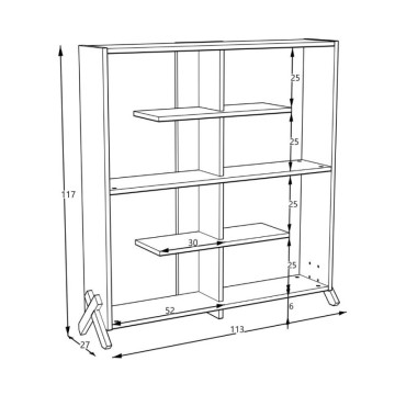Kipp weißes Bücherregal mit Kreuzfüßen 113x28x117h