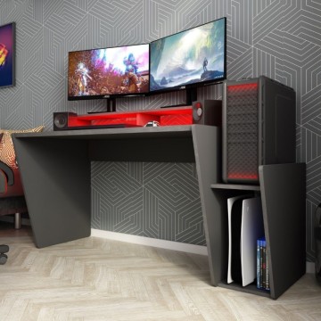 Reversible Schreibtisch Spiel 5021 anthrazit doppelte Ablage und Led Lichter 150x66,9x85,5H