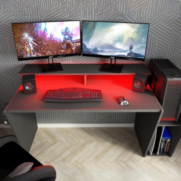 Reversible Schreibtisch Spiel 5021 anthrazit doppelte Ablage und Led Lichter 150x66,9x85,5H