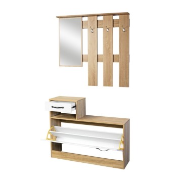 Eingangsschrank 100 cm mit Spiegel und Schuhschrank in Eiche und Hochglanz weiß - Rudolf