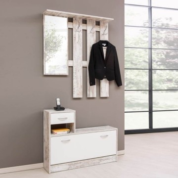 Eingangsschrank 100x180H cm mit Spiegel und Kleiderbügel in getragenem Weiß - Rudolf