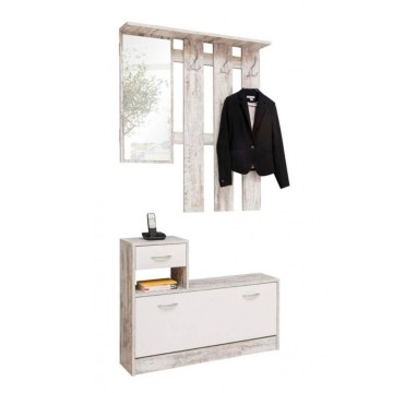 Eingangsschrank 100x180H cm mit Spiegel und Kleiderbügel in getragenem Weiß - Rudolf
