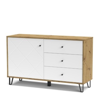 Sideboard 3 Schubladen und Tür Eiche weiß Bollo5 123,4x40x75,2H