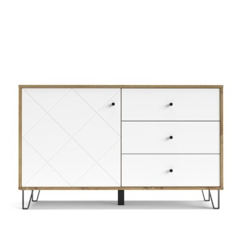 Sideboard 3 Schubladen und Tür Eiche weiß Bollo5 123,4x40x75,2H