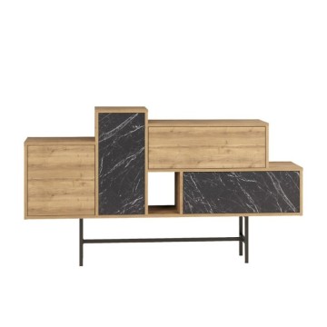Anrichte aus Naturholz mit schwarzen Türen und Schubladen in Marmoroptik Hermes 160