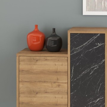 Anrichte aus Naturholz mit schwarzen Türen und Schubladen in Marmoroptik Hermes 160