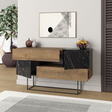 Sideboard aus Naturholz und schwarzem Marmor mit 2 Türen und 2 Schubladen Eros 145x40x82h