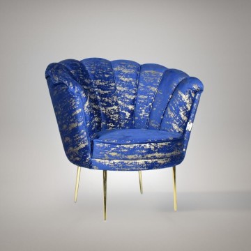 Orel Sessel mit blauem Samt und goldenen Muschelmustern