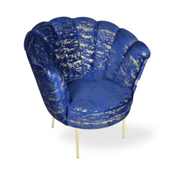 Orel Sessel mit blauem Samt und goldenen Muschelmustern