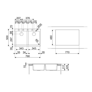 Smeg VZ3434P panna 2 becken einbauspüle 79x50