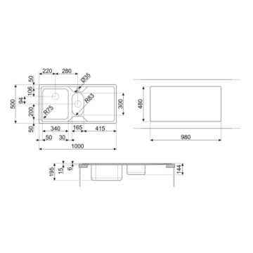 Smeg LP102D2 Edelstahl-Halbeinbauspüle mit 2 Becken und rechter Abtropffläche 100x50
