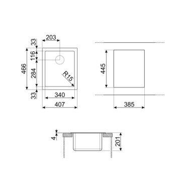 Smeg VQR40 gebürstetem Edelstahl Einbeckenspüle halb eingebaut 40x46