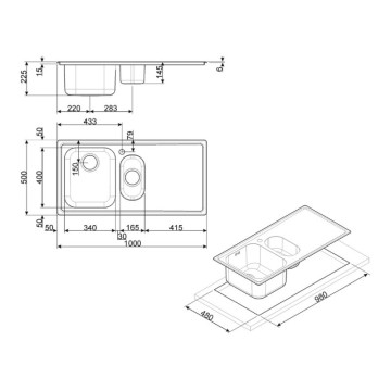 Smeg LL102S2 gebürstetes Edelstahl-Halbeinbau-Spülbecken 2 Becken und Tropfschale links 100x50