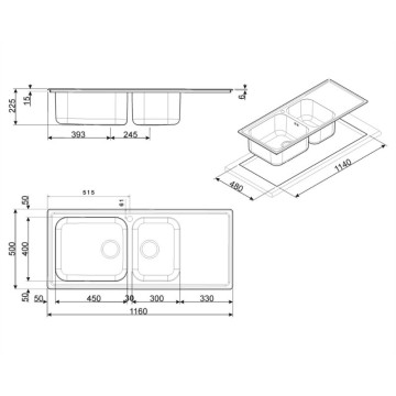 Smeg LG116D2 Einbauspüle aus gebürstetem Edelstahl mit 2 Becken und rechter Abtropffläche 116x50