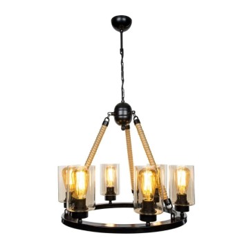 Schwarze Deckenleuchte im Retrostil mit Seildetail 6 Lichtpunkte Lotus ASZ0686