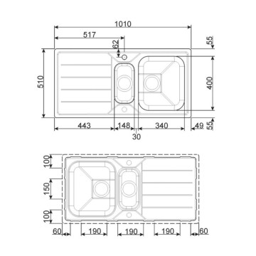 Smeg LFB112 Einbauspüle aus gebürstetem Edelstahl mit 2 Becken und umschaltbarer Tropfschale 100x50