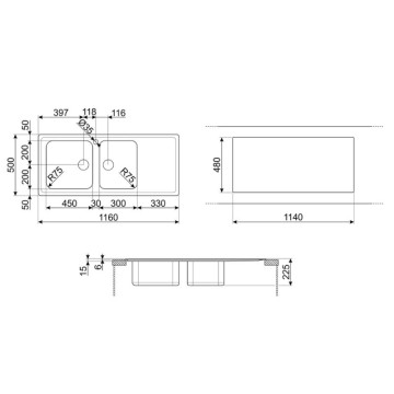 Smeg LGM116D2 2 Becken Halbeinbauspüle mit rechter Abtropffläche 116x50 Smeg LGM116D2 Micro kratzfest Edelstahl