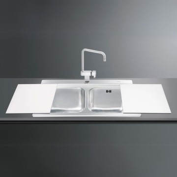Einbauspüle 2 Becken 90x50 mit Glasbesteck weiß Smeg LI92B Edelstahl gebürstet