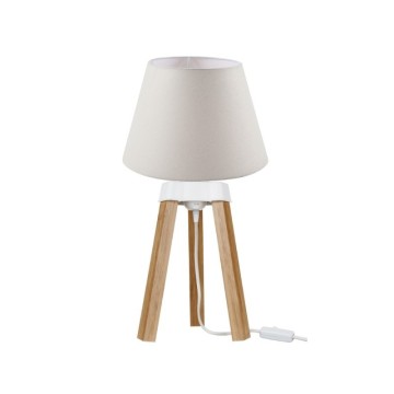 Eiche Dreibein Tischlampe und Stoff Schatten weiß PIKORO2632