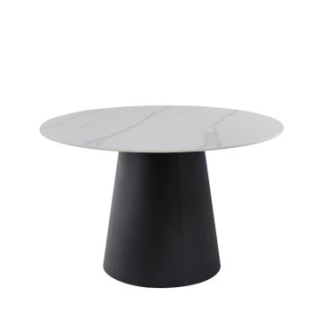 Runder Tisch Lauren 120x120x76H mit weißer Keramikplatte in Marmoroptik und schwarzem Metallgestell