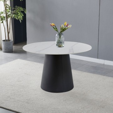 Runder Tisch Lauren 120x120x76H mit weißer Keramikplatte in Marmoroptik und schwarzem Metallgestell