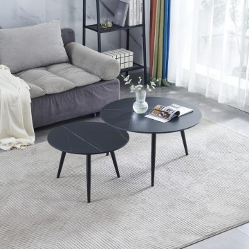 2er-Set Couchtische mit polierter schwarzer Keramikplatte in Marmoroptik und schwarzen BICOLOR-Beinen