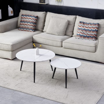 2er-Set Couchtische Keramikplatte mit Marmor-Effekt, glänzend weiß, Beine BICOLOR schwarz