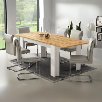 Ausziehbarer rechteckiger Tisch aus weißer Kiefer und Platte aus Eiche Ulrich 160x88x75H