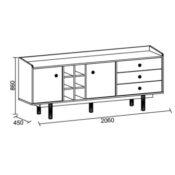 Sideboard 2 Türen und 3 Schubladen mit offenen Fächern Eiche Honig Dolce 206x45x85H