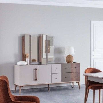 Sideboard 2 Türen und 6 Schubladen beige Nussbaum und dunkel Kaffee Pastell 195x45x81H