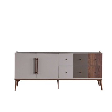 Sideboard 2 Türen und 6 Schubladen beige Nussbaum und dunkel Kaffee Pastell 195x45x81H