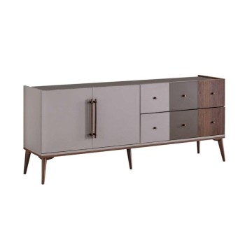 Sideboard 2 Türen und 6 Schubladen beige Nussbaum und dunkel Kaffee Pastell 195x45x81H