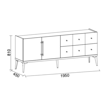 Sideboard 2 Türen und 6 Schubladen beige Nussbaum und dunkel Kaffee Pastell 195x45x81H