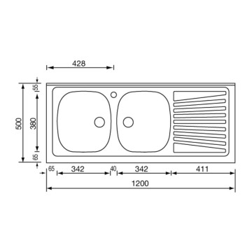 120x50 2 Becken Auflagespüle mit rechtem Tropfrand Mondial inox