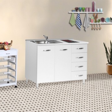 Küchenzeile120 mit Schubladen Lärche weiß Spüle und Glaskeramik-Kochfeld 120x60x85H