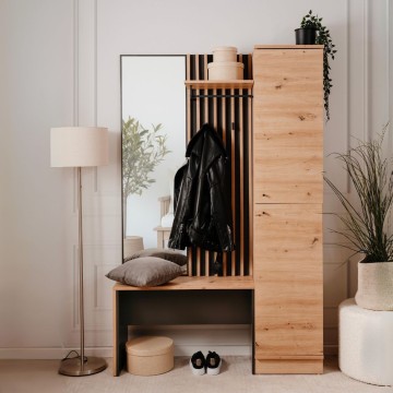 Eingangsschrank mit gerippter Front und Spiegel Medan42B Farbe Eiche Anthrazit 122x37x190H