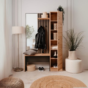 Eingangsschrank mit gerippter Front und Spiegel Medan42B Farbe Eiche Anthrazit 122x37x190H