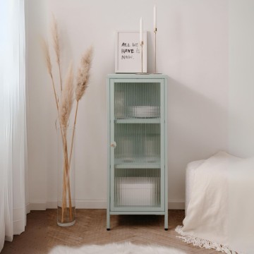 Milton01 40x40x101.1H Vitrine aus gehärtetem gerilltem Glas und mintgrünem Verbundstahl