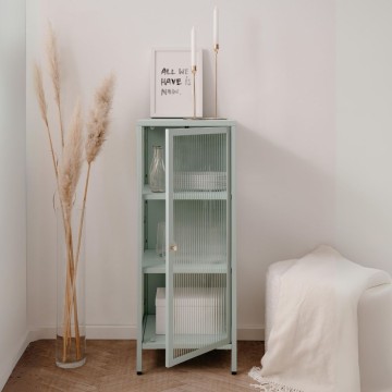 Milton01 40x40x101.1H Vitrine aus gehärtetem gerilltem Glas und mintgrünem Verbundstahl