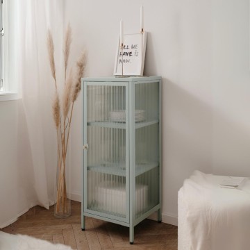 Milton01 40x40x101.1H Vitrine aus gehärtetem gerilltem Glas und mintgrünem Verbundstahl