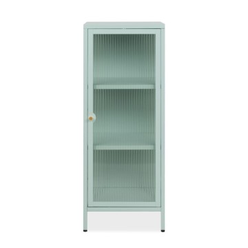 Milton01 40x40x101.1H Vitrine aus gehärtetem gerilltem Glas und mintgrünem Verbundstahl