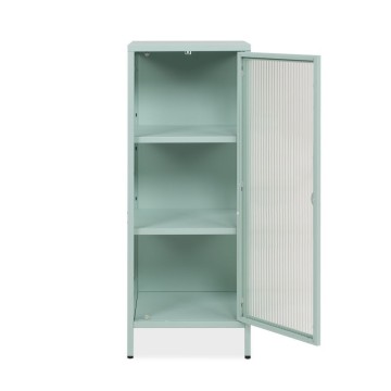 Milton01 40x40x101.1H Vitrine aus gehärtetem gerilltem Glas und mintgrünem Verbundstahl