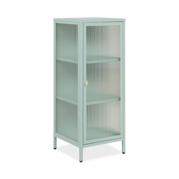 Milton01 40x40x101.1H Vitrine aus gehärtetem gerilltem Glas und mintgrünem Verbundstahl