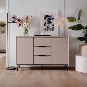 Sandfarbenes Sideboard mit schwarzen Details 2 Türen und 3 Schubladen Arona01B 135x38x90H
